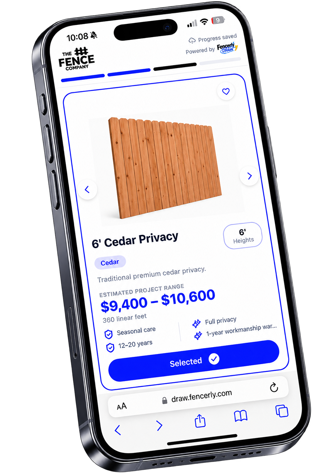 Fencerly Draw showing a 6 foot cedar privacy fence style with an estimated project price
