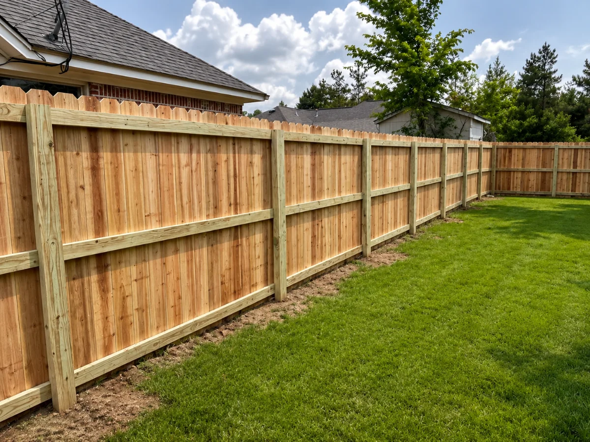 Natural cedar privacy fence running from a brick home along a straight side-yard line