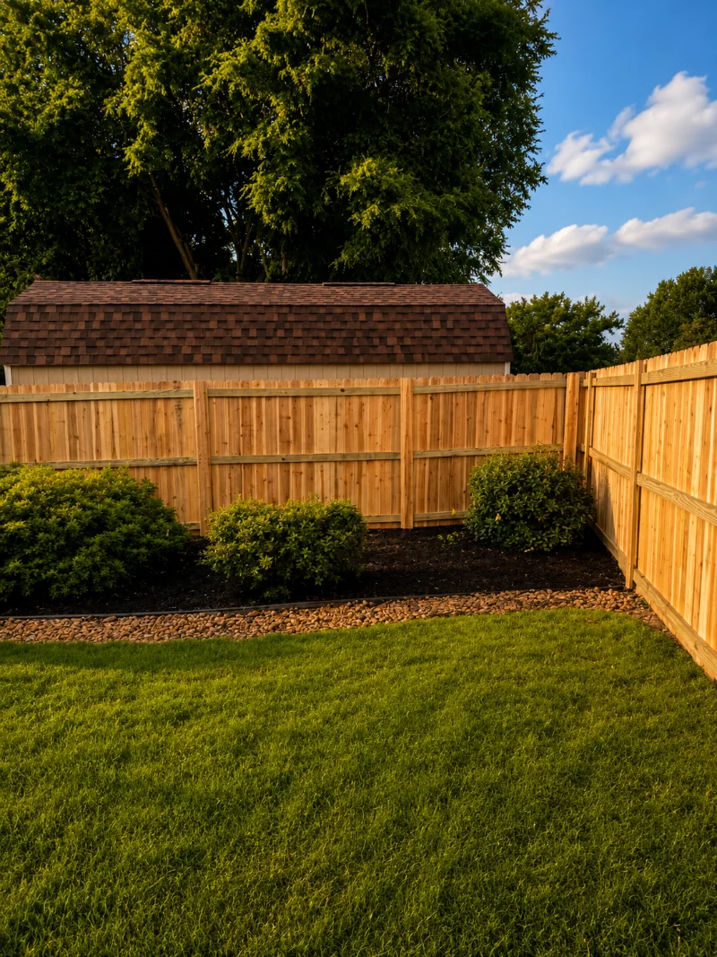 Cedar privacy fence turning a corner behind a shingled outbuilding above a river-rock bed