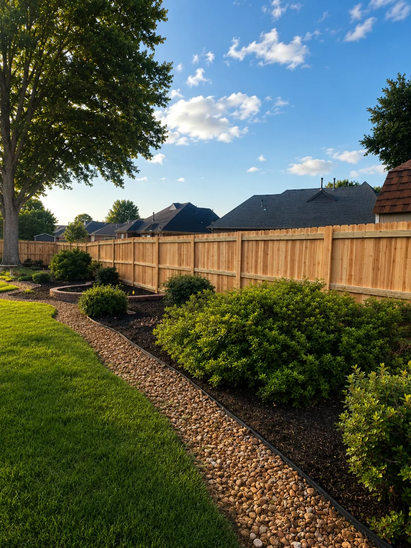 Cedar privacy fence behind a curved river-rock planting bed under a mature shade tree