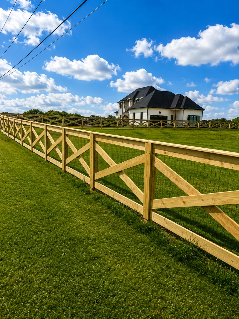 Pine crossbuck fence with wire mesh backing running along an open pasture