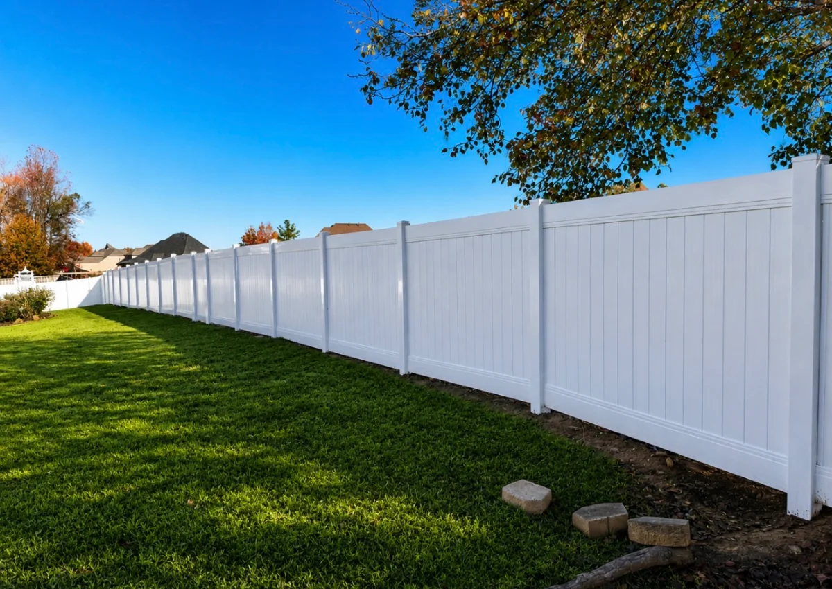 White vinyl privacy fence enclosing a residential backyard in Southaven, Mississippi