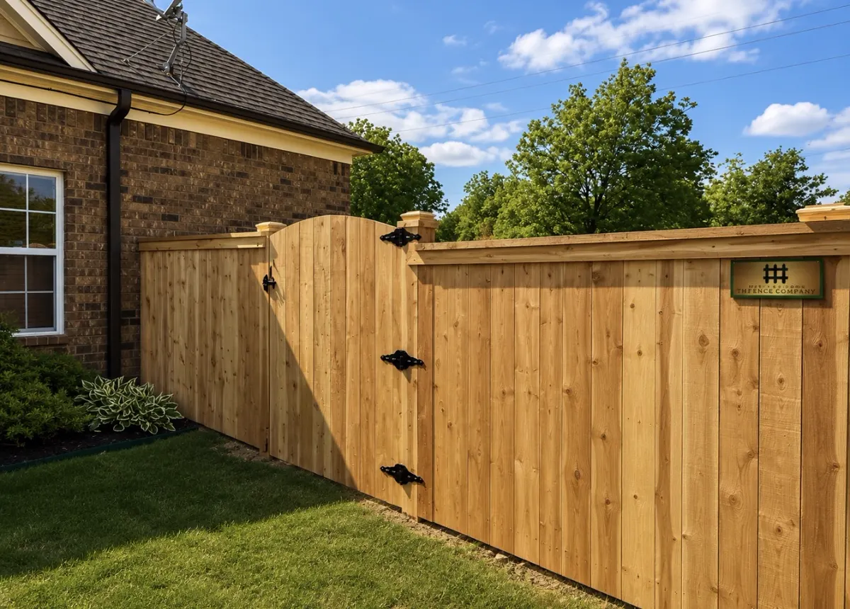 Cedar privacy fence with cap-and-trim top and an arched gate beside a brick home