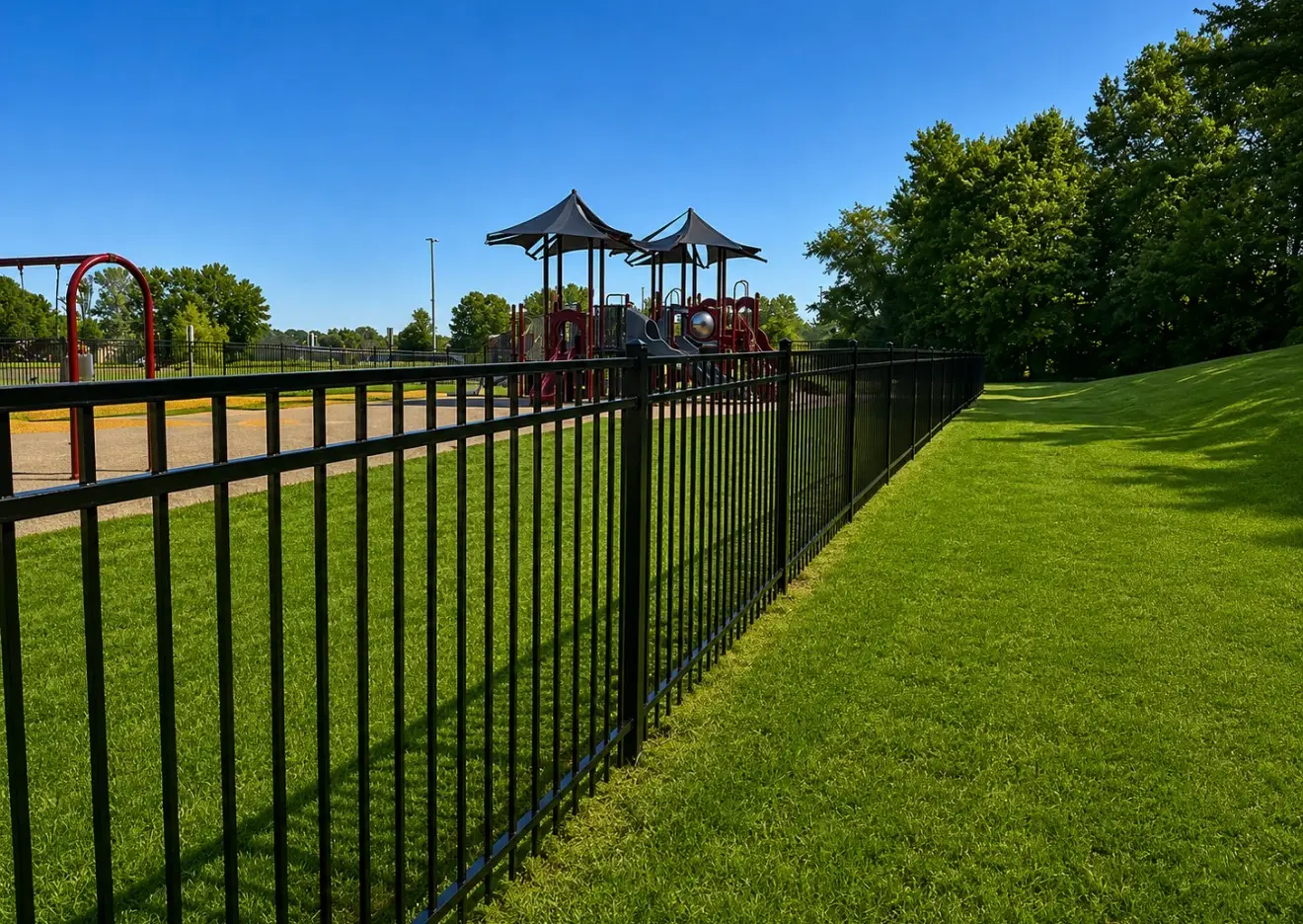 Black aluminum fence in front of a white farmhouse in Collierville, TN