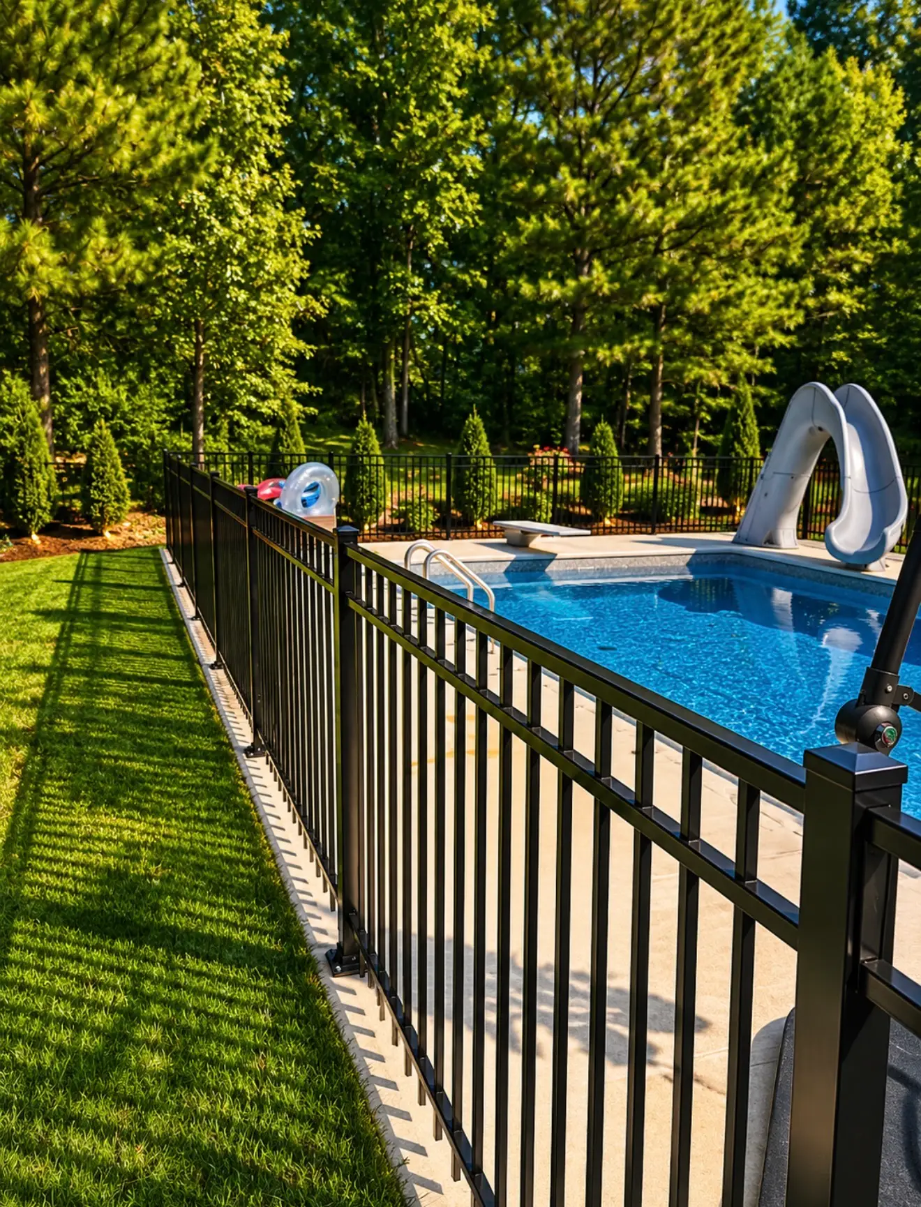 Black aluminum pool fence surrounding a backyard swimming pool in Memphis