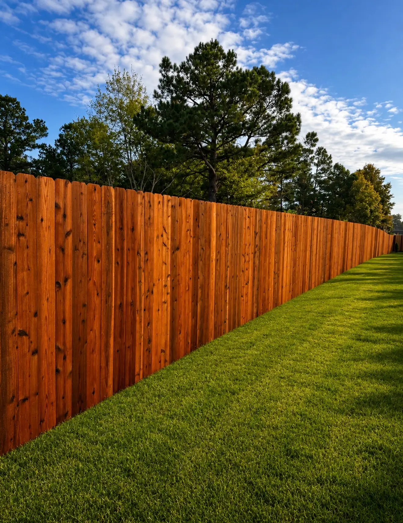Freshly stained cedar privacy fence installed by The Fence Company