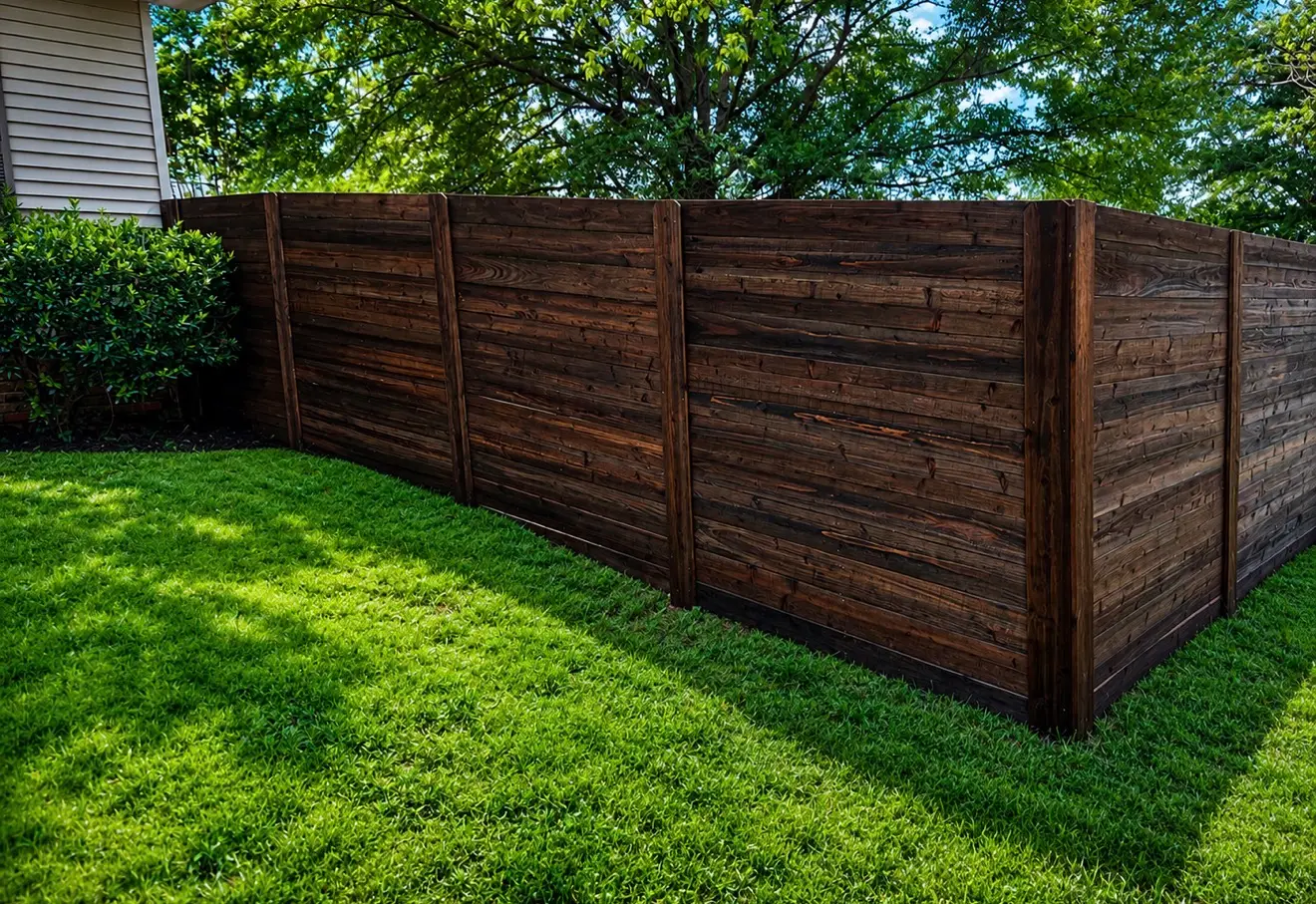 Long run of dark stained board-on-board wood privacy fence